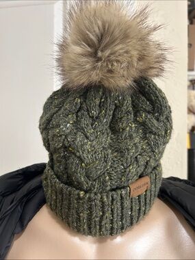 Pendleton Olive Speckled Cable Knit Pom Hat with Faux Fur
